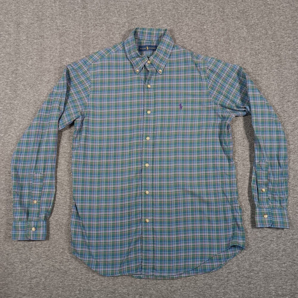 Vintage Polo Ralph Lauren Shirt Mens Medium Green Blue Yellow  Plaid Pony Preppy